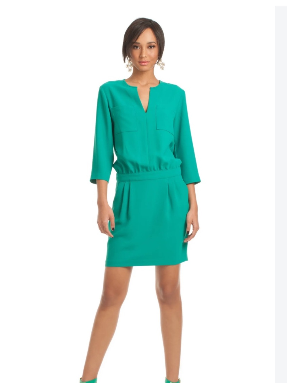 Trina Turk Green Mini Dress 2015 Blouson V Neck 3/4 Sleeve Minimalist Office 4